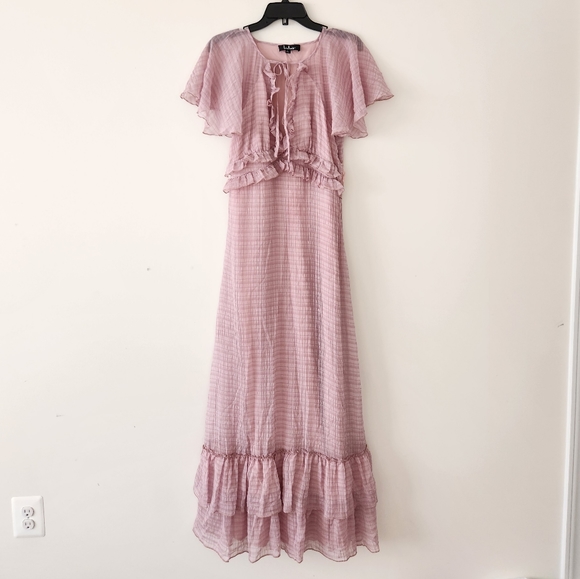 Lulus Dress Sweetest Delight Plaid Ruffle Short Sleeve Maxi Dress Pink Large - Picture 5 of 8